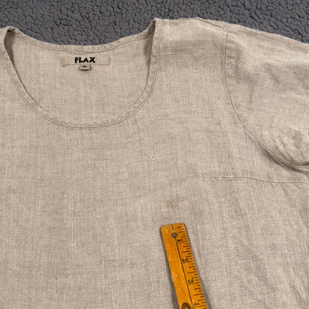 FLAX 100% Linen Short Sleeve Tunic Top Oatmeal Beige Tiered Hem Womens Medium - Picture 8 of 9